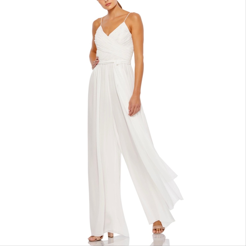 NEW Mac Duggal Ieena 2651 White Flowy Faux Wrap Chiffon Jumpsuit XS